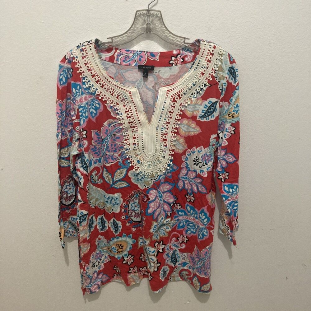 TALBOTS red multicolor paisley scoop neck 3/4 sleeve knit tunic top M